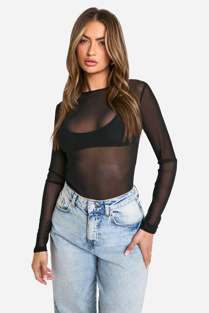boohoo Dames Basic Mesh Bodysuit met Lange Mouwen | Zwart | Maat: 42