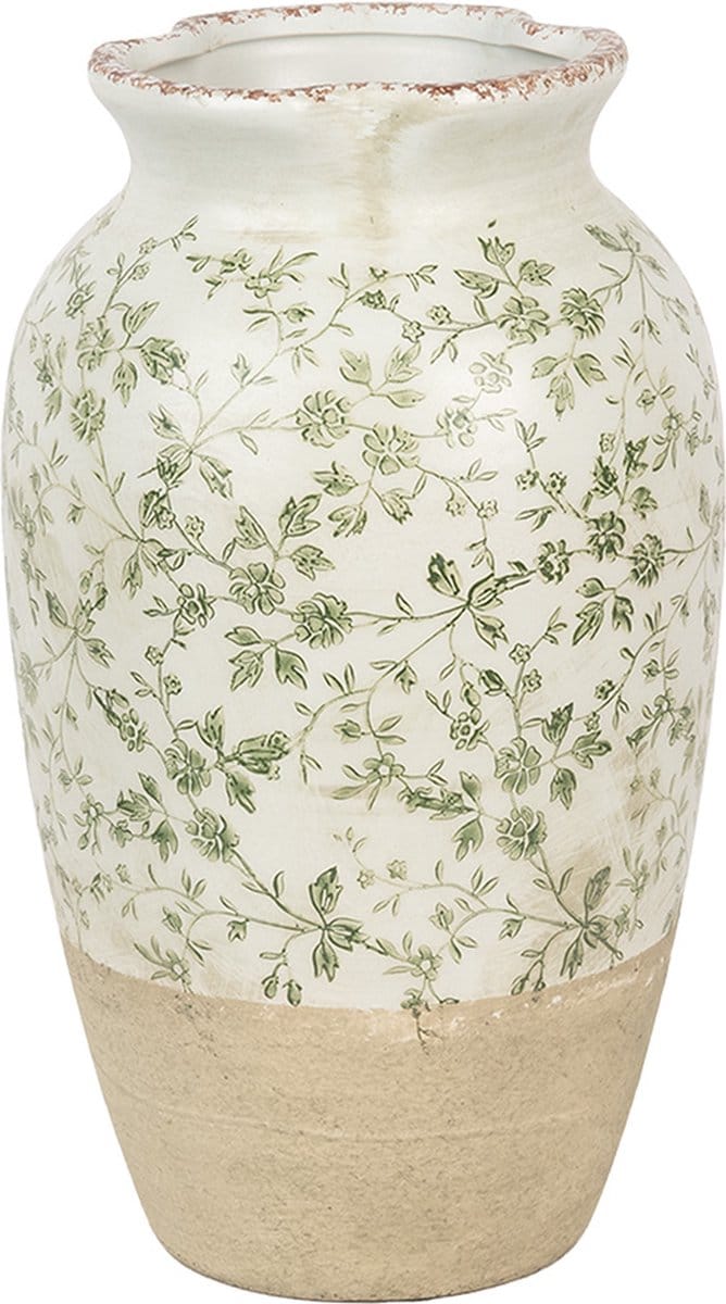 Clayre & Eef Vaas Ø 21x37 cm Beige Groen Keramiek Bloemen