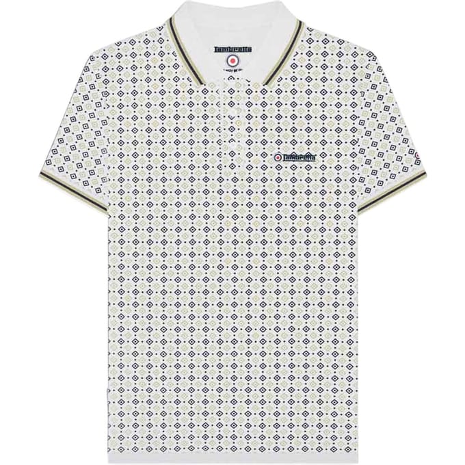 Lambretta Heren SS25 Geometrisch Poloshirt (Wit/Navy/Cashew)