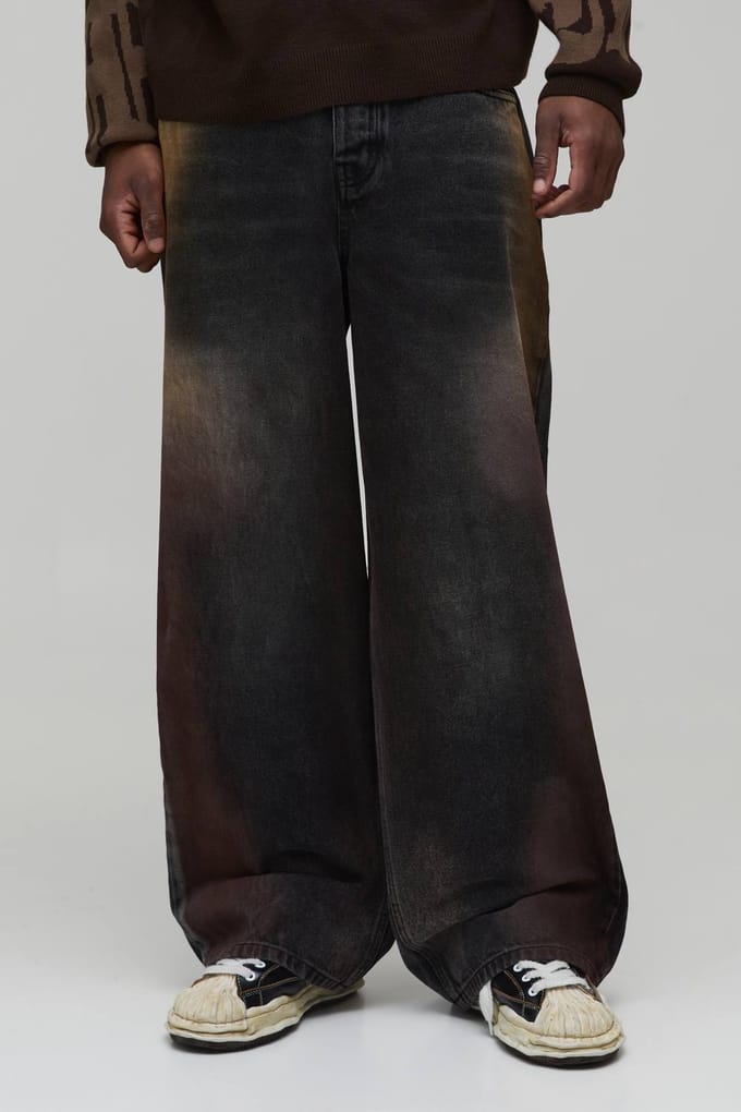 Lange Baggy Stijve Bleach Washed Denim Jeans | Dark Brown | Size 32
