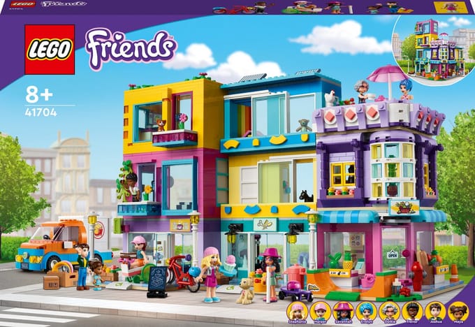 LEGO® Friends Hoofdstraatgebouw 41704 bouwset; verjaardagscadeau voor kinderen vanaf 8 jaar met 7 minipoppetjes, 1 micropoppetje en 4 dierenfiguren voor urenlange fantasierijke rollenspellen (1682 onderdelen)