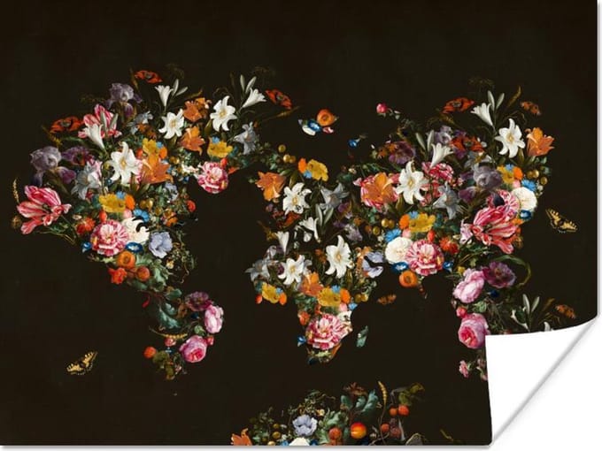 Poster - Wereldkaart - Bloemen - Insecten - 40x30 cm