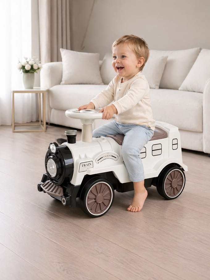 Retro Loopauto - looptrein – Wit/Bruin – Vintage Look - Met Opbergvak – Voor Kinderen 2-5 Jaar