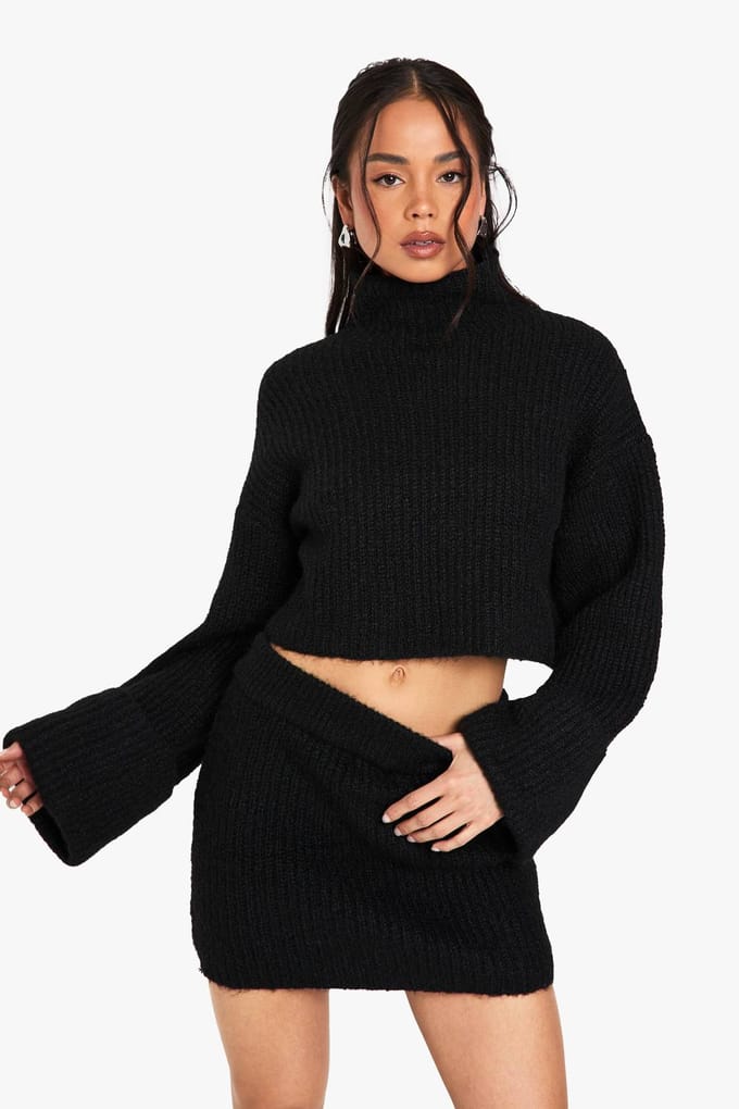boohoo Dames High Neck Oversized Crop Gebreide Jumper en Micro Mini Rok Set | Black | Maat: Medium