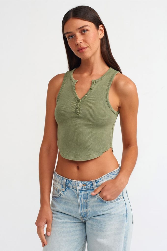 Dames Geribbelde Cropped Blouse Met Knopen