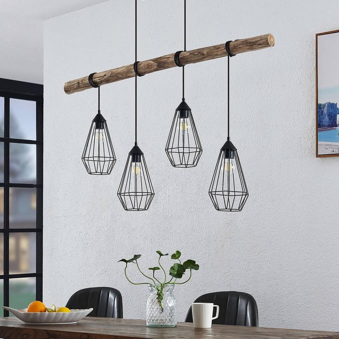 Lindby - hanglamp - 4lichts - Ijzer, hout - H: 25.6 cm - E27 - matzwart, licht hout