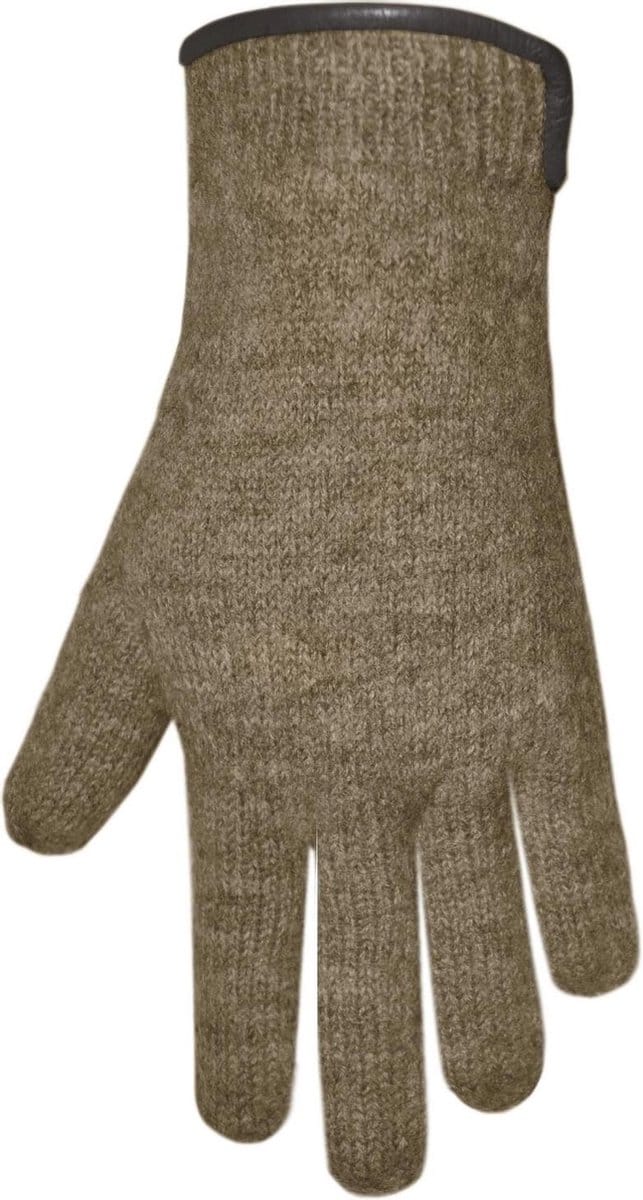 Handschoenen dames van 100% wol en met echt leren randje camel (M)