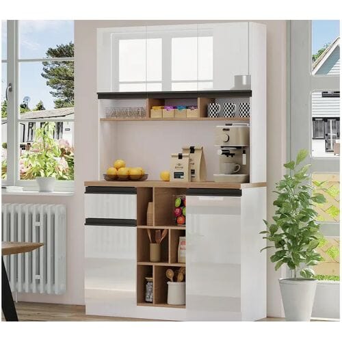 ModernLuxe Modern keukenbuffet 105×45×185 cm - 5 deuren - verstelbare planken - open opbergruimte - wit en naturel