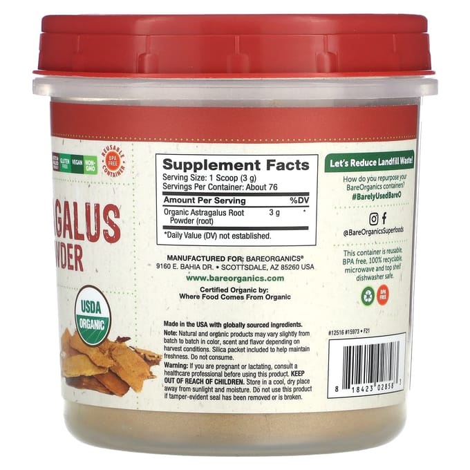 BareOrganics, Biologisch Astragaluswortelpoeder, 227 gram (227 gr)