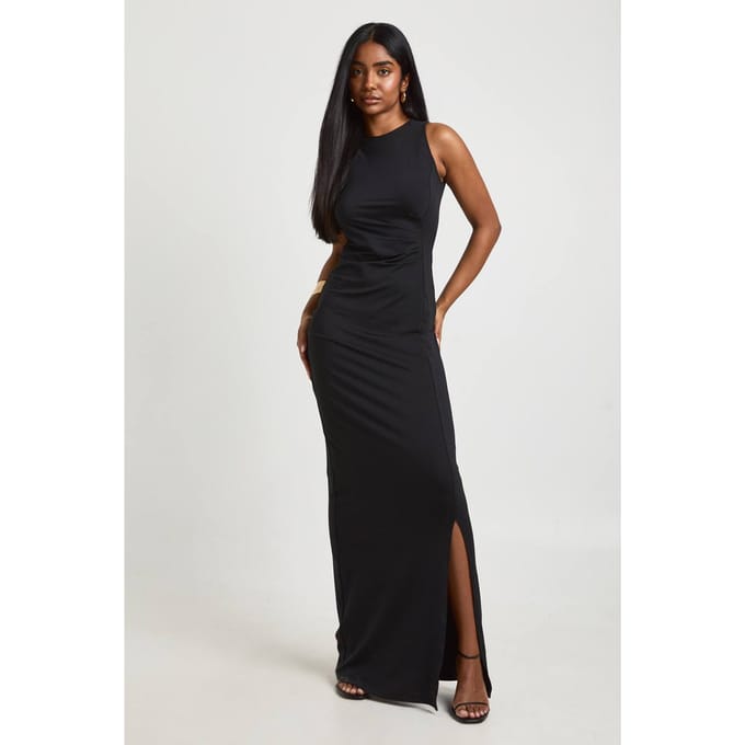 boohoo Dames Slinky Geplooide Zijkant Maxi Jurk | Zwart | Maat: 44