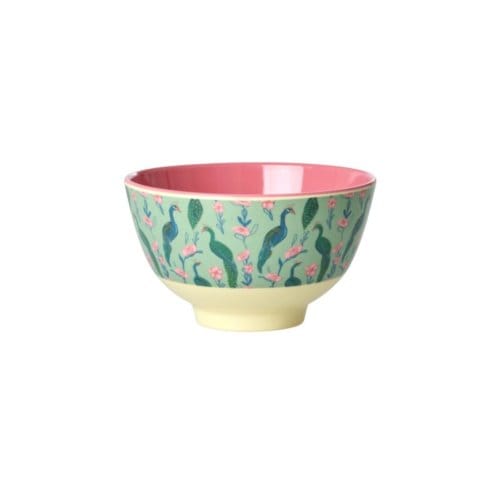 Rice melamine kom, groen met peacock power print, klein 300 ml