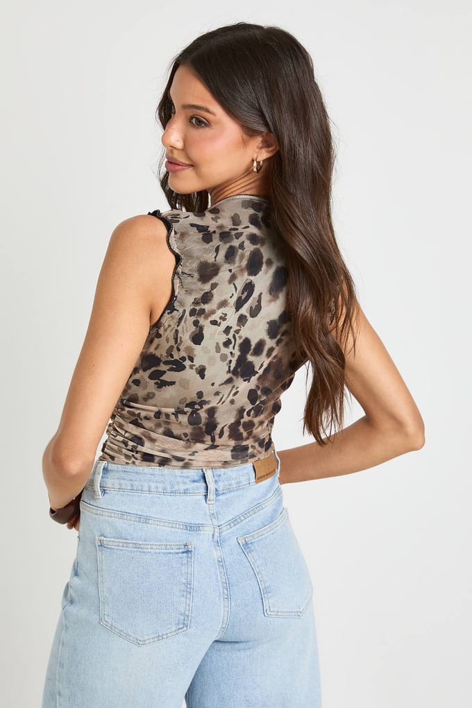 boohoo Dames Bodysuit Met Dierenprint Mesh En Gerimpelde Halslijn | Luipaardprint | Maat: 38