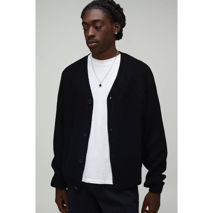 Ontspannen Boxy Geribbeld Raglan Gebreid Vest | Black | Size XS
