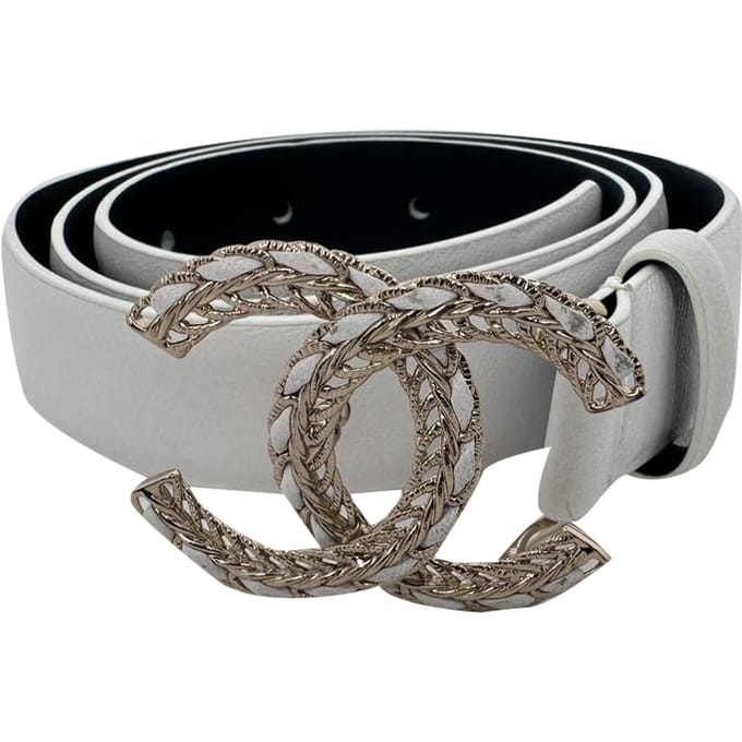 Chanel Keten In elkaar grijpende CC Logo Tailleband in Witte Leer