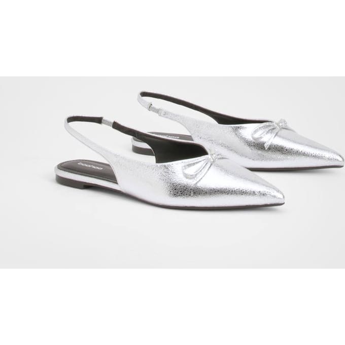 boohoo Dames Slingback Ballerina's met Strikdetail en Spitse Neus | Zilver | Maat: 38