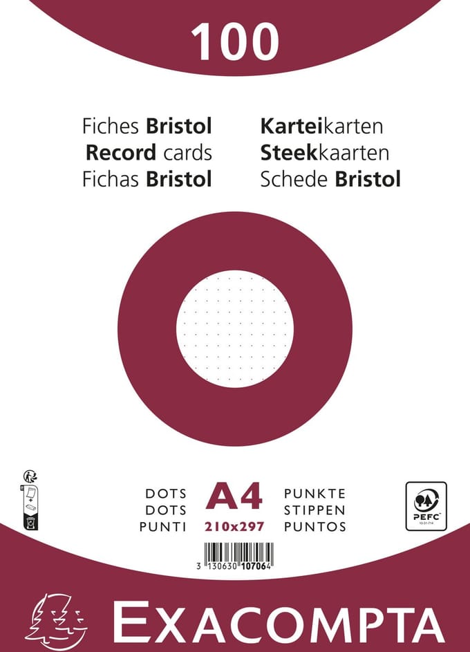 Exacompta 10x Pak 100 steekkaarten onder film - bristol karton dots niet geperforeerd - 210x297mm - Wit - 10706E
