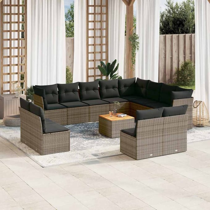 vidaXL - 13-delige - Loungeset - met - kussens - poly - rattan - grijs