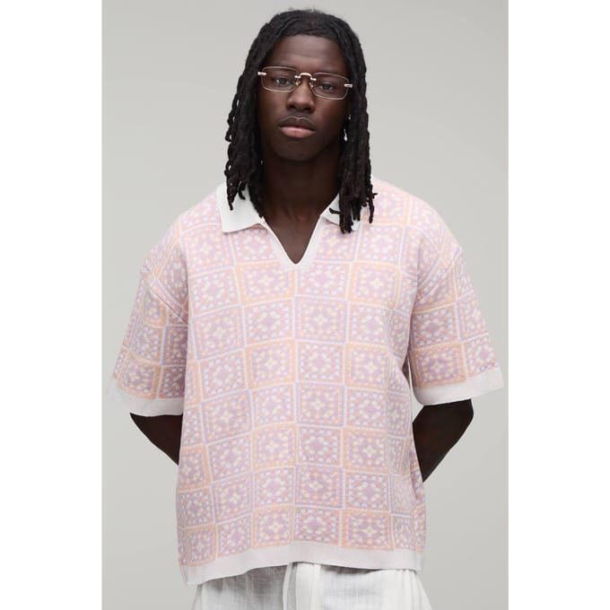 Oversized Boxy Crochet Square Knitted Polo T-Shirt | Pink | Size Small