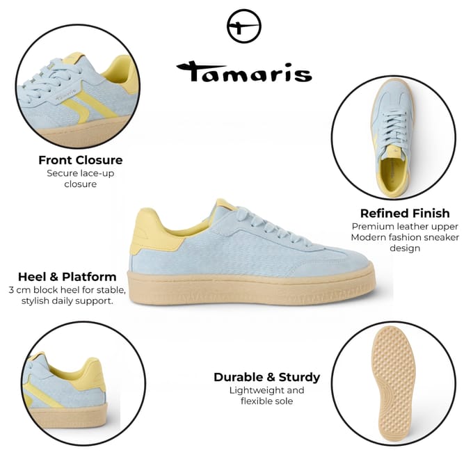 Tamaris dames sneakers van blauw leer met gele strepen
