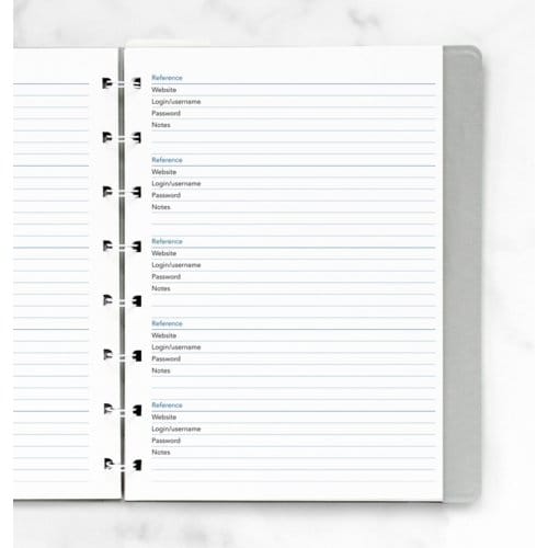 Filofax interieur, formaat a5, uitvoering wachtwoorden notitiepapier à 20 vel