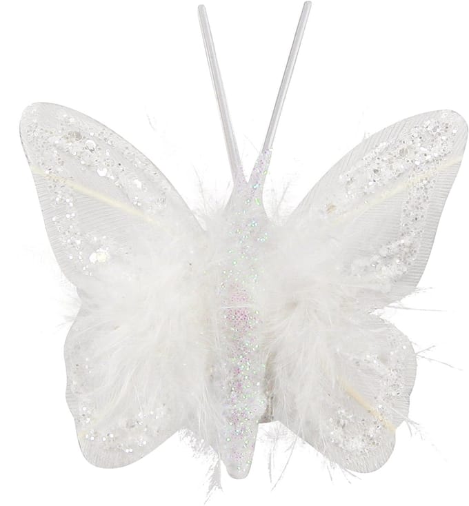 Veervlinders op clip wit glitter 5x4,5cm 4 st