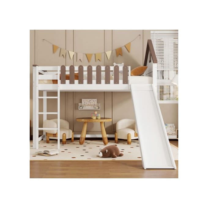 Hoogslaper - MUVOE - 90x200cm - Wit + Walnoot - Rechte ladder - Glijbaan wit