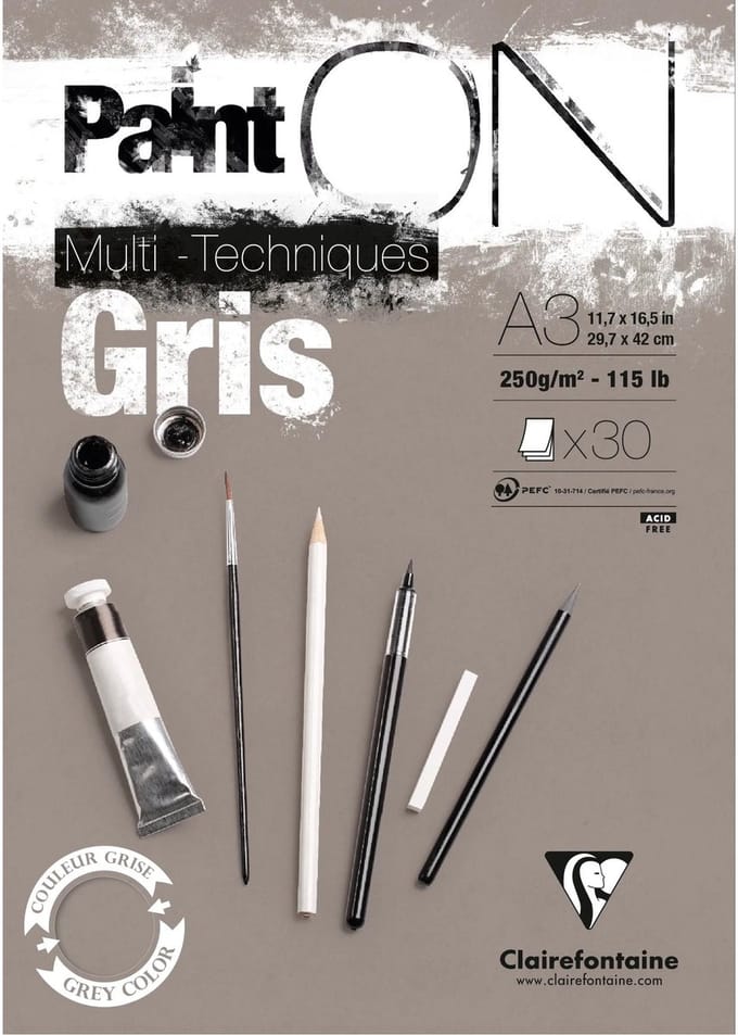 Clairefontaine - Paint ON - Multi-Techniek Pad - Tekenpapier - Schilderpapier - Grijs - A3 - 250 g - 30 vel
