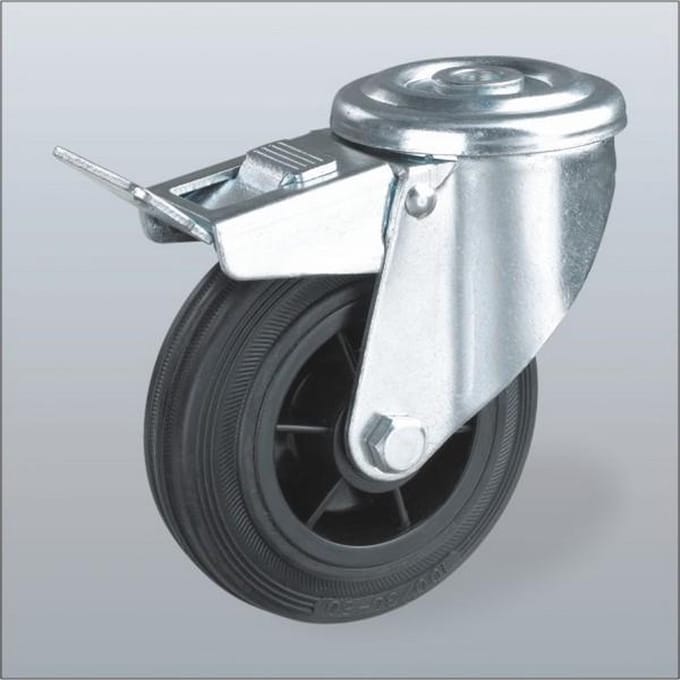 Rubber zwenkwiel geremd met centraal gat - 125mm - 120kg