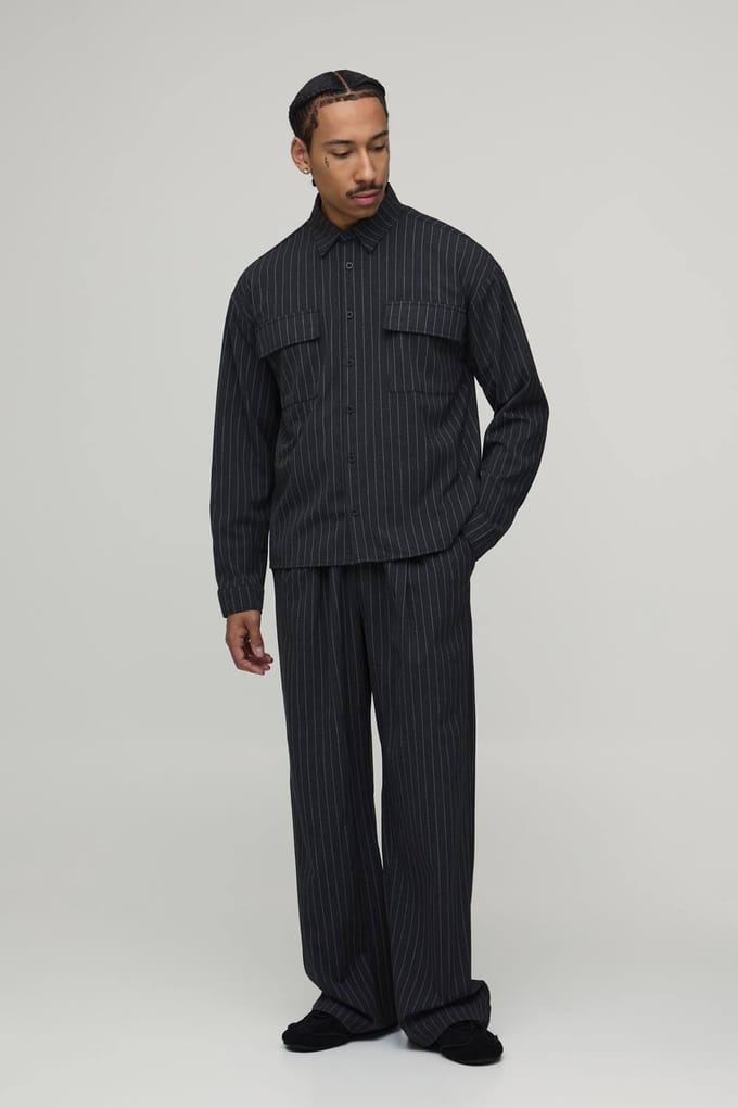 Pinstripe Oversized Shirt & Wide Leg Pleat Front Trouser Set | Charcoal | Size Medium