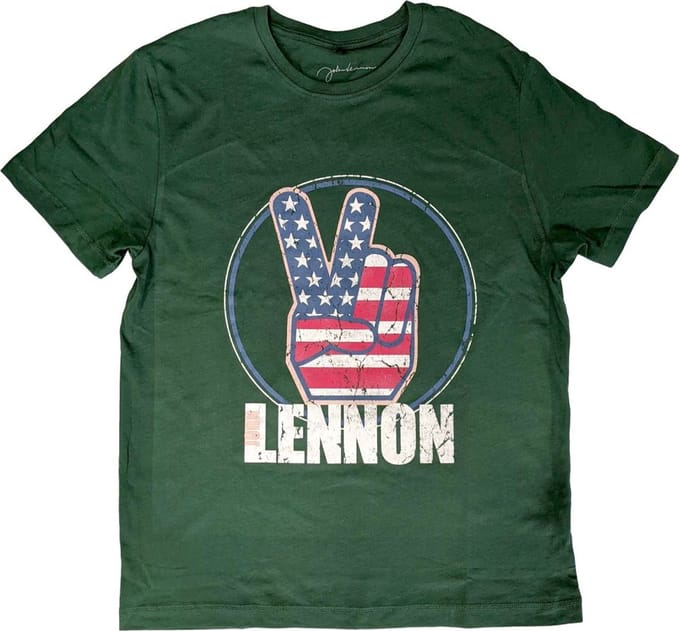 John Lennon - Peace Fingers US Flag Heren T-shirt - M - Groen