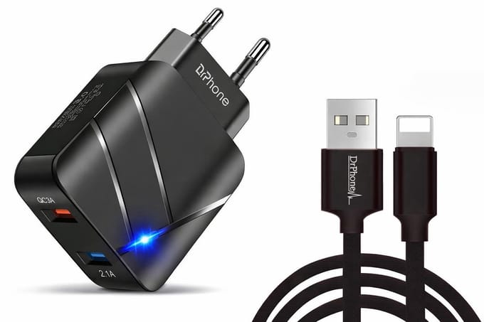 DrPhone Kevlar Pro Lightning Oplader Set – 1M TPE Lightning Kabel + Dual USB Thuislader – 2 Poorten – Geschikt voor iPhone / iPad / iPod – Zwart