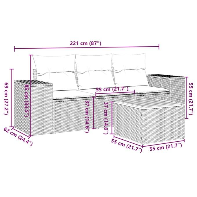 vidaXL - 4-delige - Loungeset - met - kussens - poly - rattan - beige