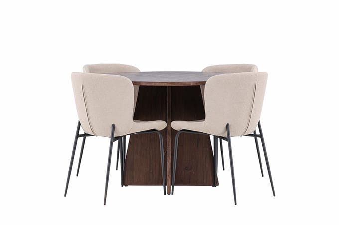 Bootcut eethoek tafel Ø110cm en 4 bouclé stoelen mocca.