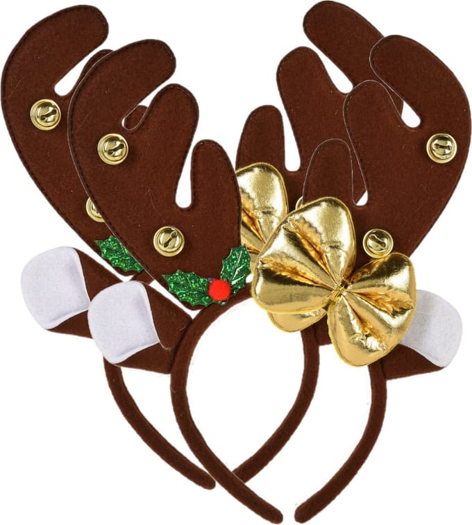 Christmas Decoration kerst diadeem/haarband - 2x -rendier gewei strik- donkerbruin