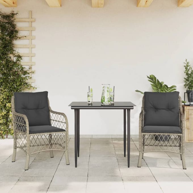 vidaXL - 3-delige - Bistroset - met - kussens - poly - rattan - lichtgrijs