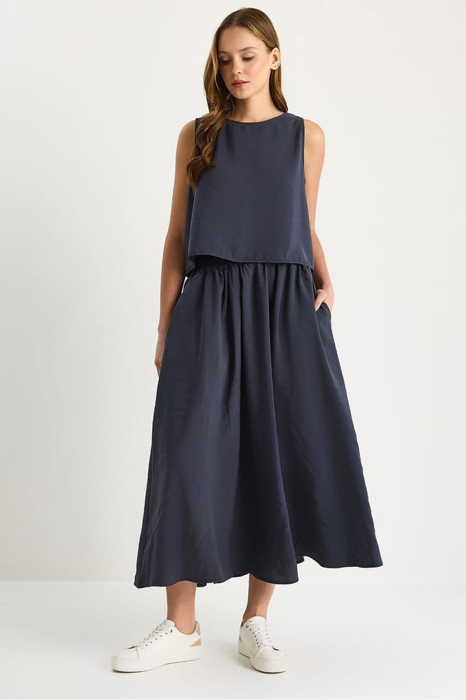 Mouwloze Scoop Neck Tanktop en Midi Rok Co-Ord Set
