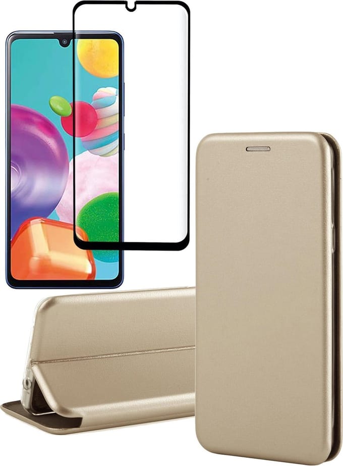 Hoesje geschikt voor Samsung Galaxy A41 - Screen Protector FullGuard - Book Case Kunstleer ThinShield Goud & Screenprotector