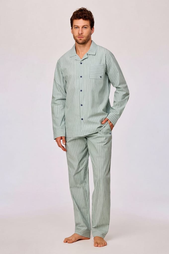 Woody Jongens-Heren pyjama groene verticale str - maat L