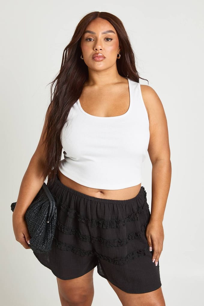 boohoo Dames Plus Gerimpelde Gelaagde Wapperende Short | Black | Maat: 28