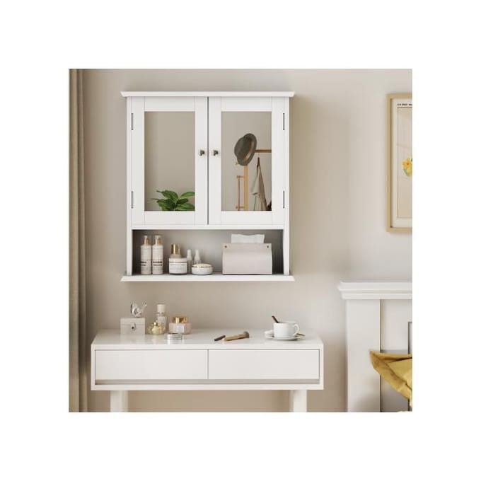 Meuble de toilette - MUVOE - Miroir blanc - Étagères réglables - Installation murale - Design moderne blanc