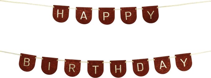 Vilten letterslinger "Happy Birthday" bruin met glittergoud - lengte 3 meter