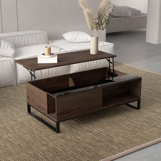 MODFU Salontafel met hefblad 102×58×35,5 cm – walnoot/zwart, opbergruimte, glas, modern