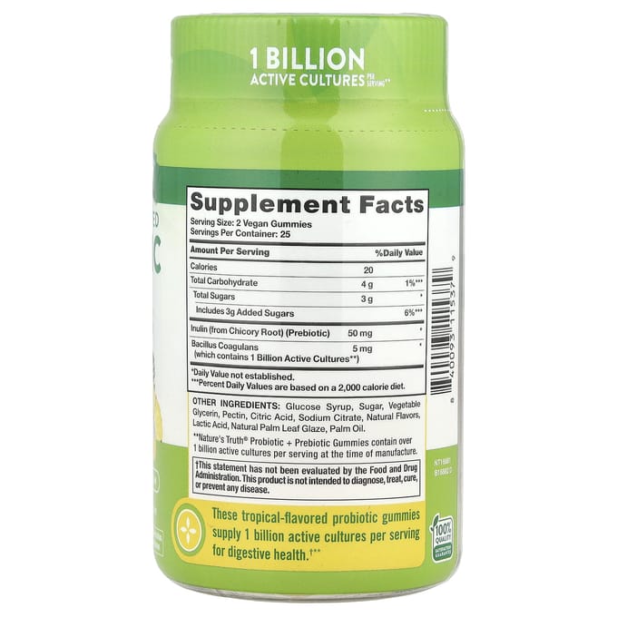 Nature's Truth, Probiotisch Spijsverteringssupplement, Natuurlijke Tropische Smaak, Vegan Gummies, 50 Stuks