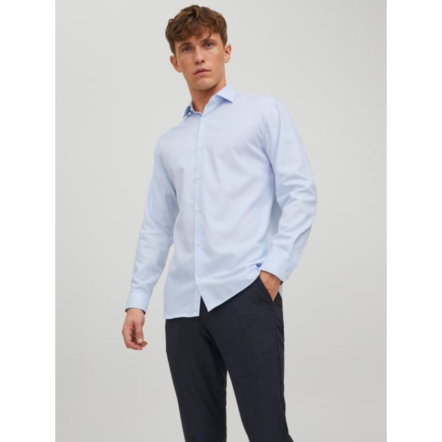 Jack & Jones blauwe heren overhemd   Punt kraag   Slim Fit   Geen zakken   Gemeleerd patroon   Knoopsluiting   Duurzaam   Lange mouw Blauw XXL