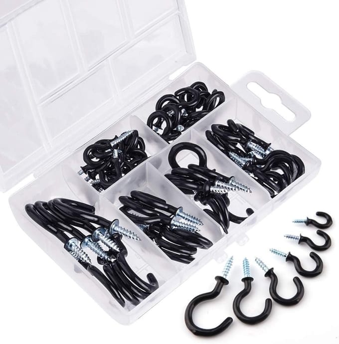Cuhostki-70pcs-Plastic-Cup-Hooks-Black-Coated-Multi-Purpose