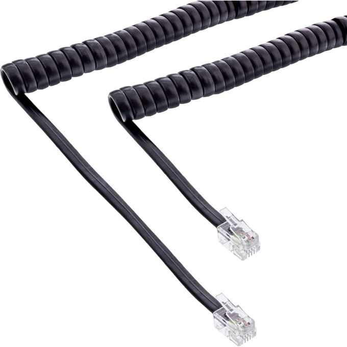RJ10 telecom crossover spiraalkabel met lang begin- of einddeel | zwart | 2 meter