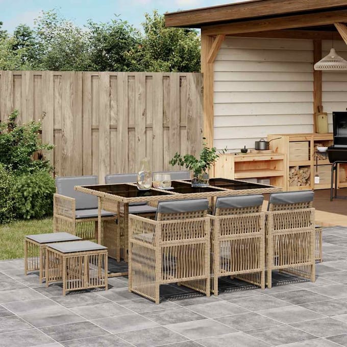 vidaXL - 11-delige - Tuinset - met - kussens - poly - rattan - gemengd - beige