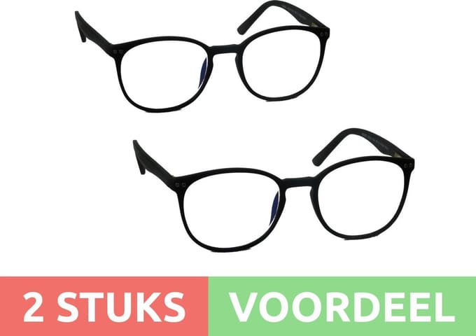 Computer bril - zwart rond sterkte +2.0 - 2 stuks - blauw licht filter - blue blocker leesbril