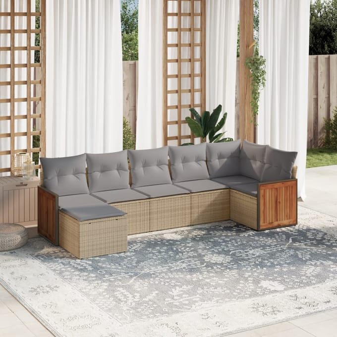 vidaXL - 7-delige - Loungeset - met - kussens - poly - rattan - beige