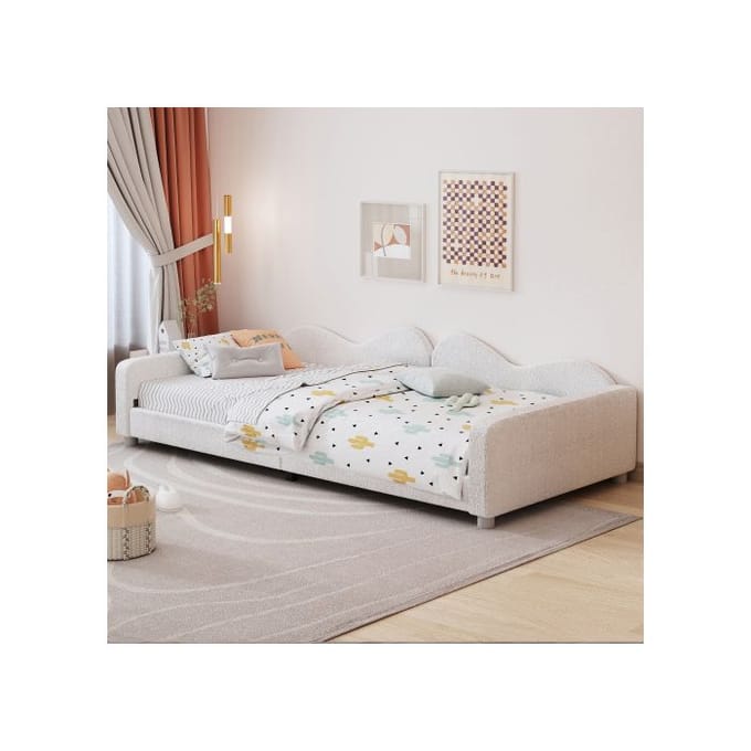 Kinderbed - MUVOE - 90x200 cm - Teddy stof - Flexibel frame - Multifunctioneel wit